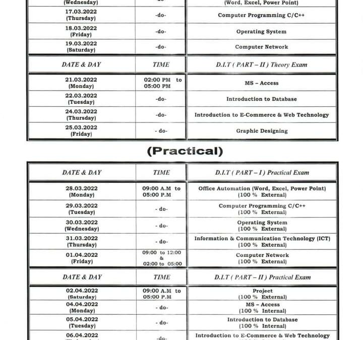 Date Sheet For One Year D.I.T 1st Term Examination 2022  Date of Commencement of Examination 15 March 2022 (Tuesday)