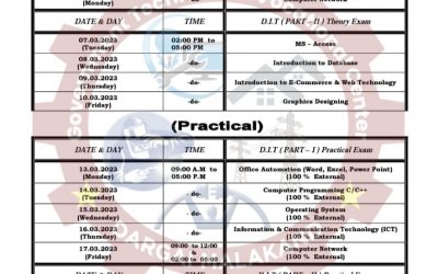 Date Sheet For One Year D.I.T 1st Term Examination 2023 Date of Commencement of Examination 1st March 2023