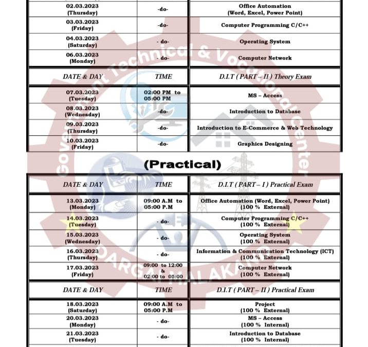 Date Sheet For One Year D.I.T 1st Term Examination 2023 Date of Commencement of Examination 1st March 2023